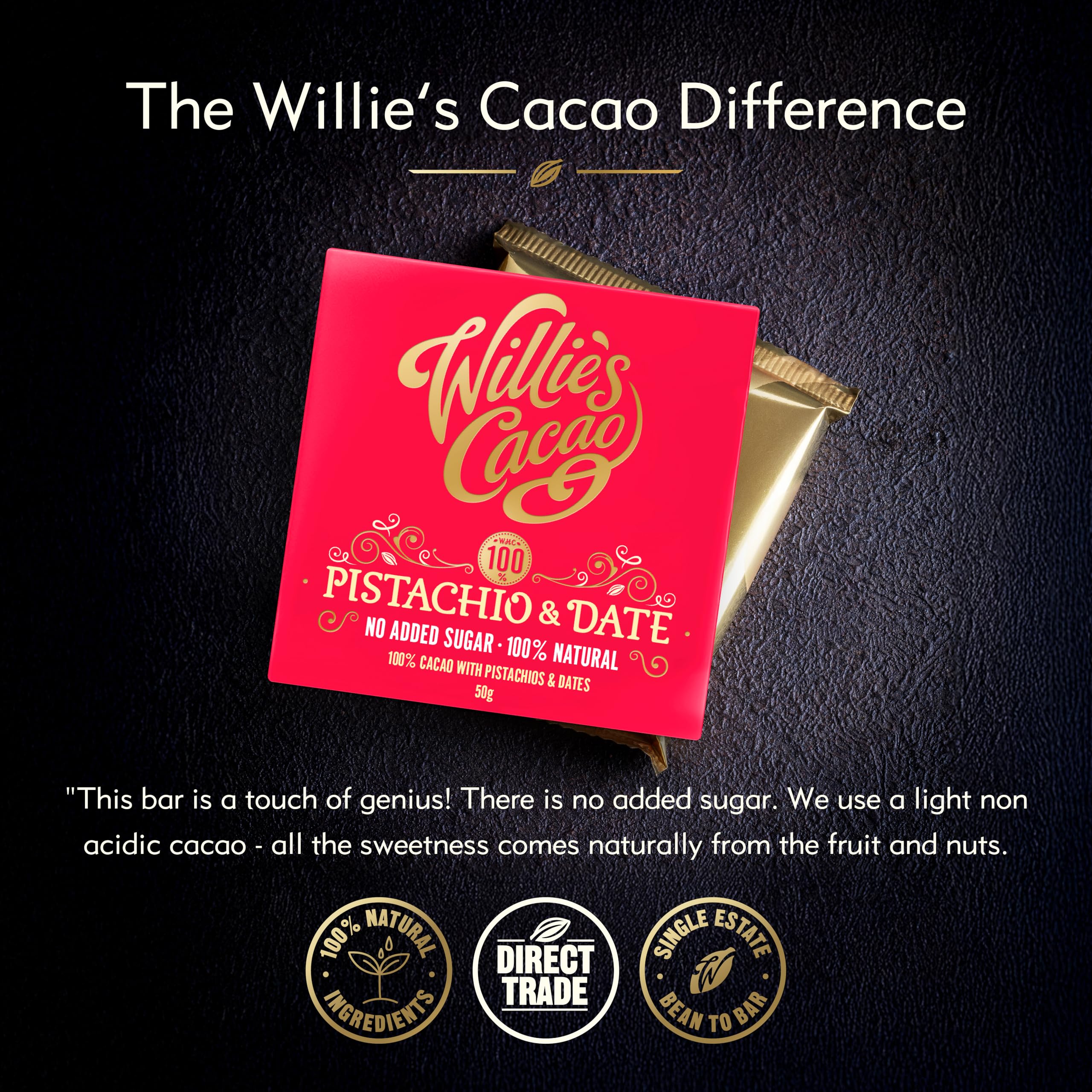 Willie's Cacao - 100% Cocoa with Pistachio & Date - No Added Sugar Chocolate Bar 8