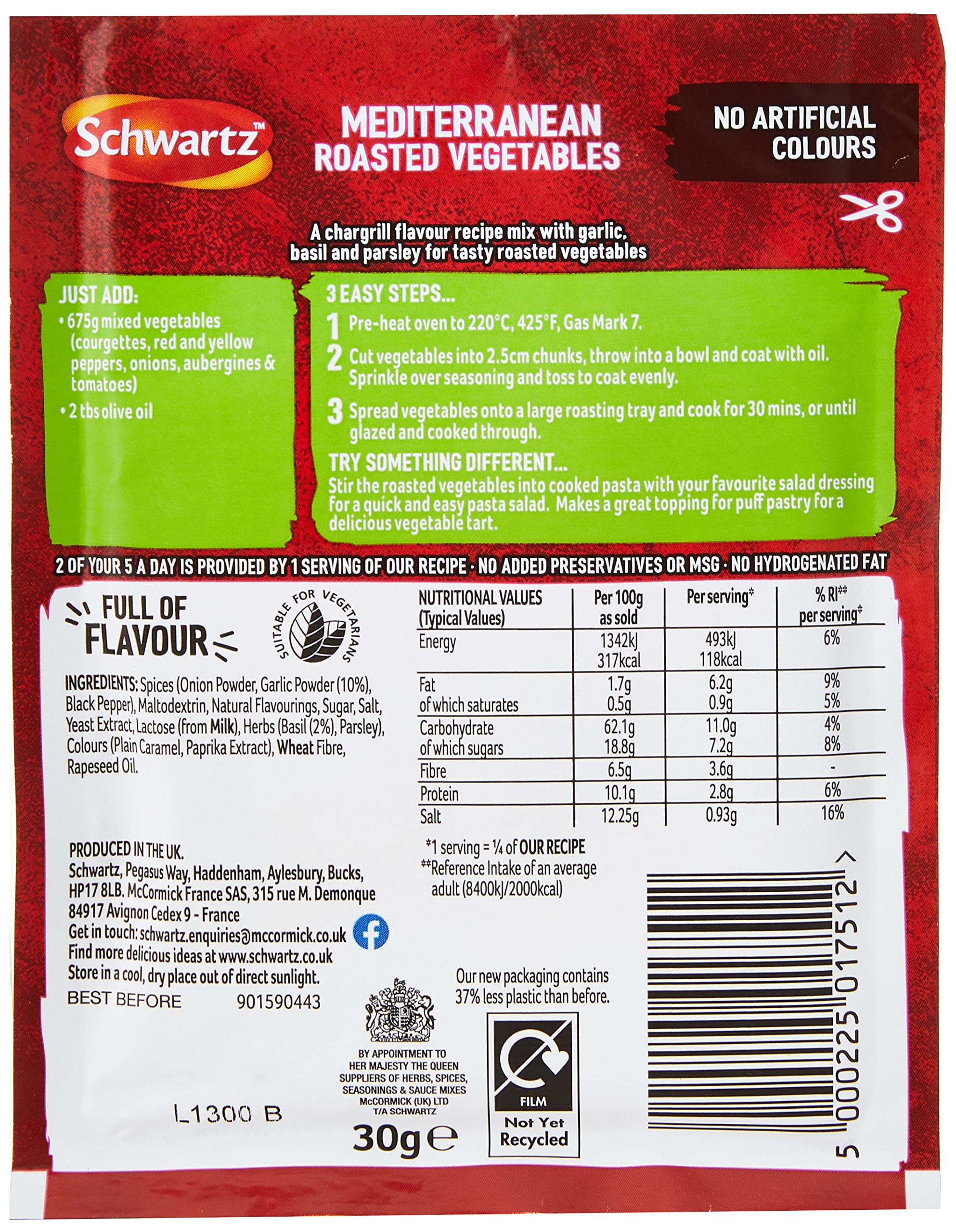 Schwartz Mediterranean Roasted Vegetables Recipe Mix - Chargrill Flavour | Garlic, Basil & Parsley | Vegetarian | 30g Pack of 12 3