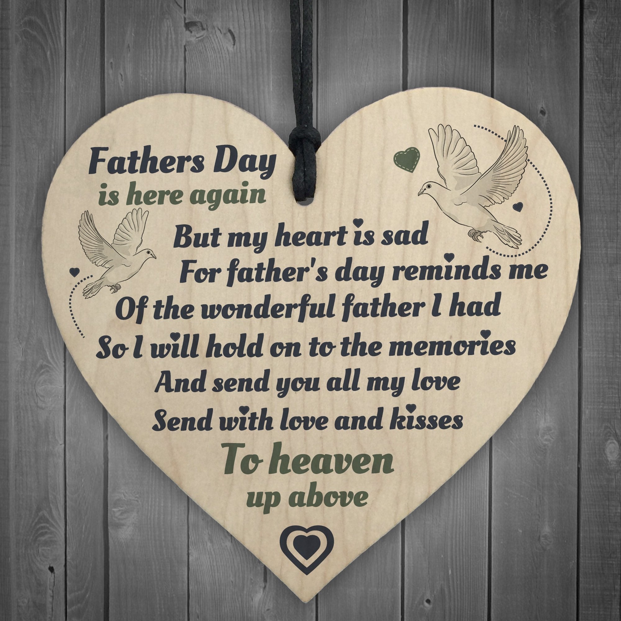 RED OCEAN Father's Day Hanging Wooden Heart Memorial Sign | 10 x 10 cm | Black | Made in England
