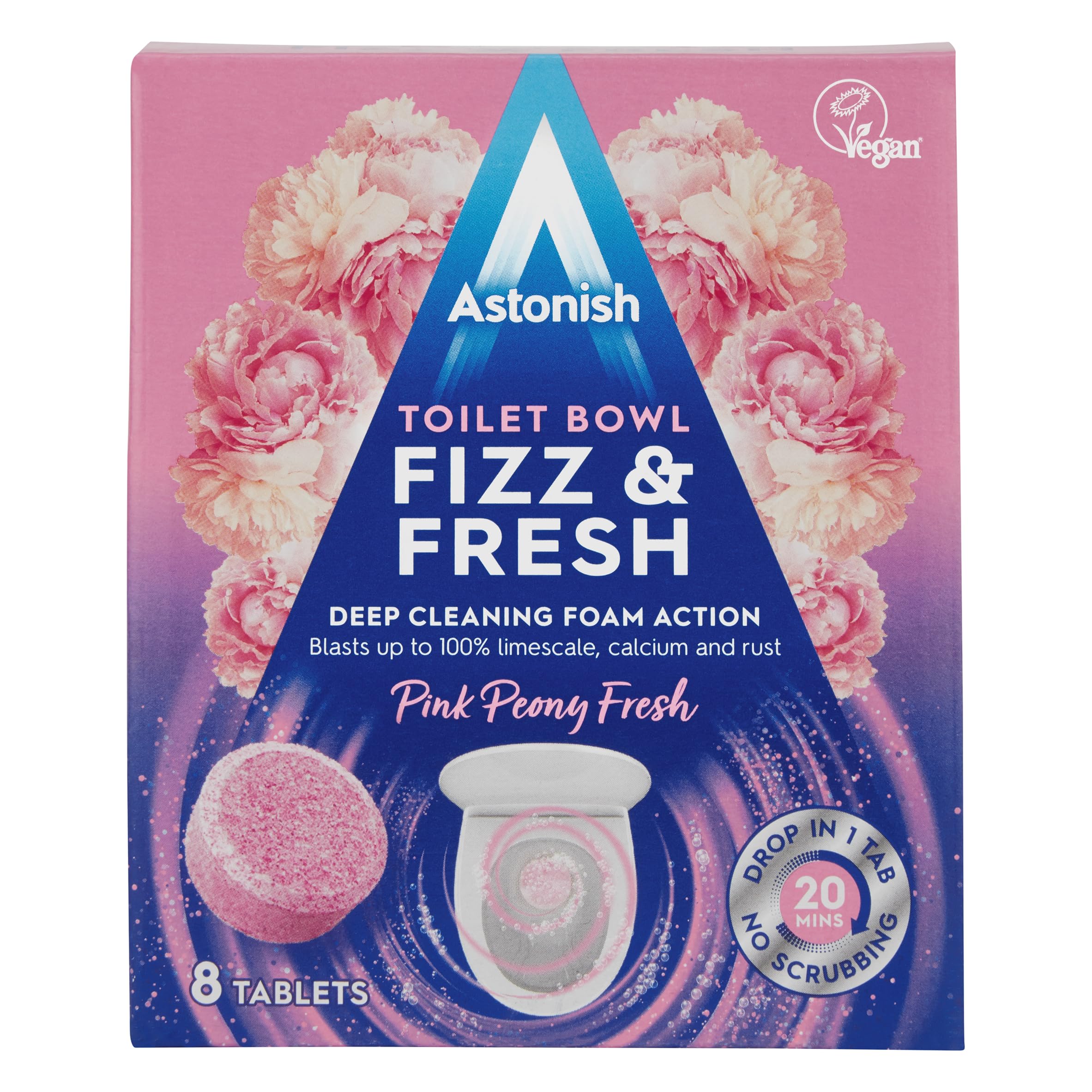 Astonish Toilet Bowl Fizz & Fresh Tablets - Deep Cleaning Foam Action, Pink Peony Fresh Scent | 8 Count 1