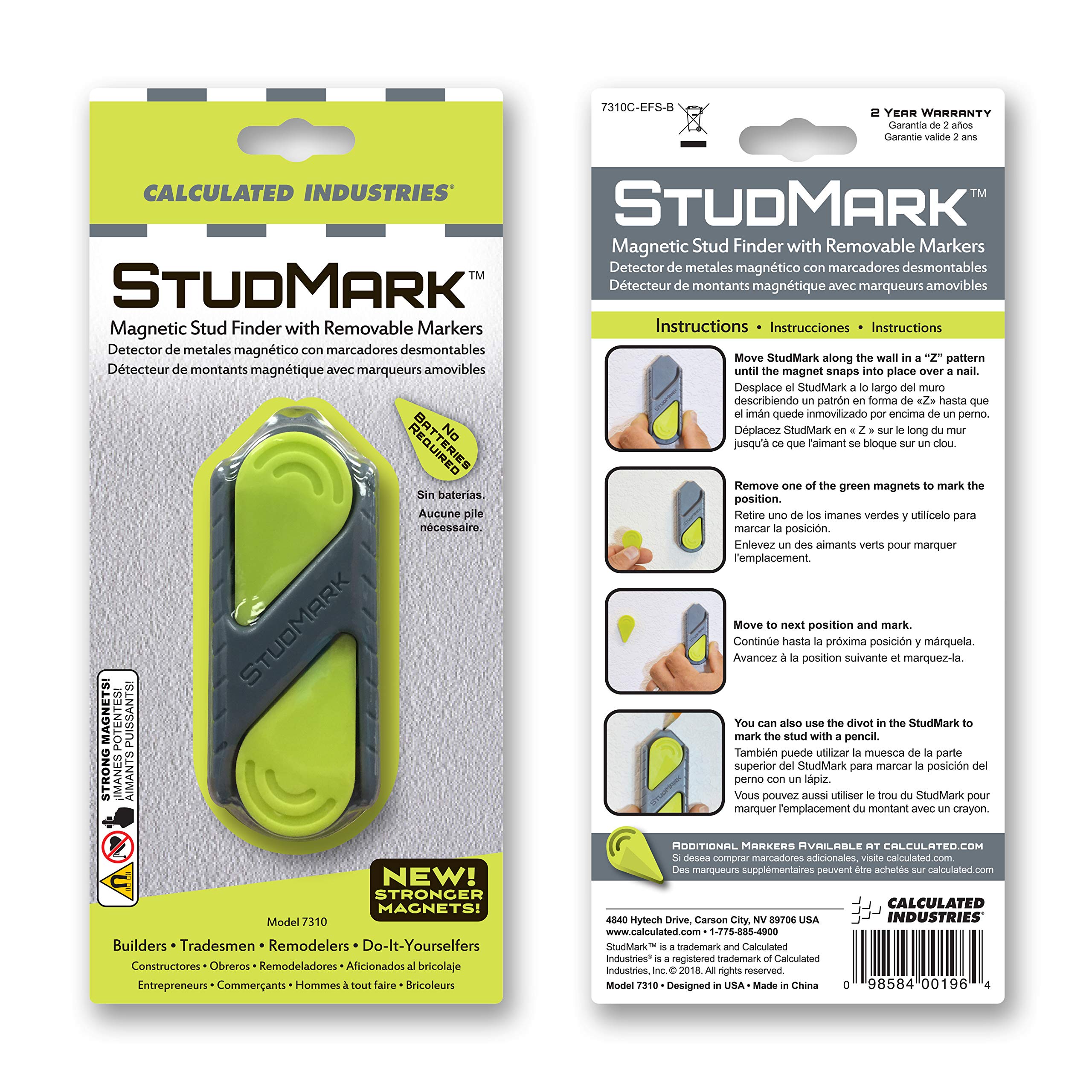 Calculated Industries Studmark Magnetic Stud Finder - Includes 2 Removable Markers | Green