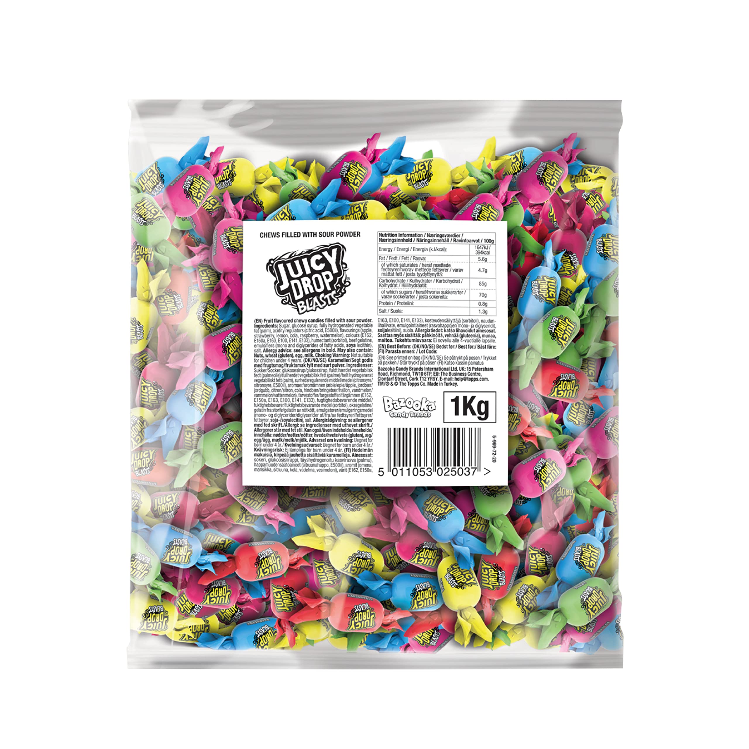 Juicy Drop Blasts Süßigkeiten 1 kg – 6 verschiedene Geschmacksrichtungen (Wassermelone, Erdbeere, Zitrone, Himbeere, Apfel, Cola)