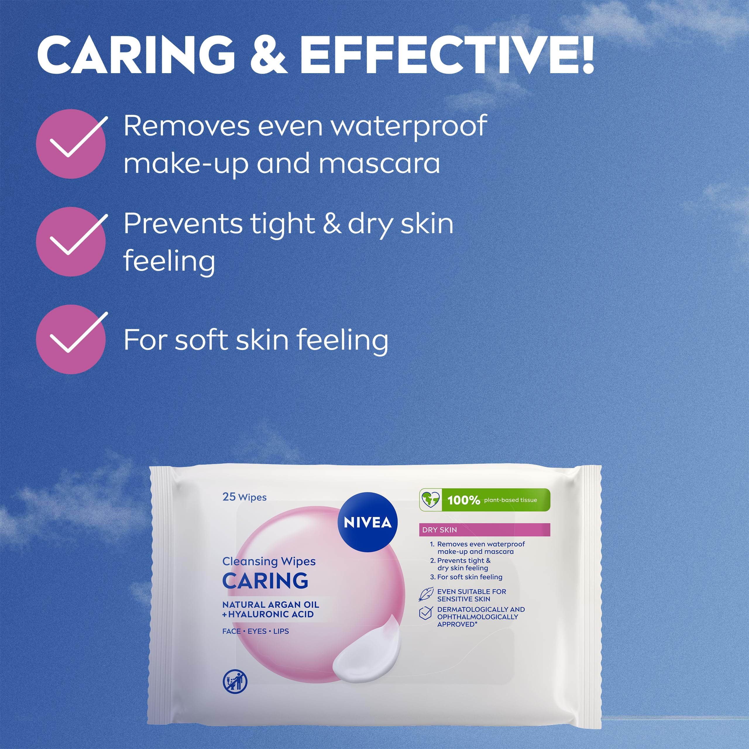 NIVEA 3-in-1 Cleansing Face Wipes for Dry Skin - 25 Sheets | Waterproof Makeup Removal