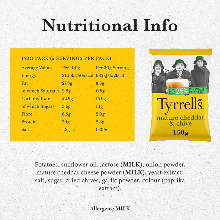 Tyrrells Hand-Cooked Mature Cheddar & Chive Crisps 150g