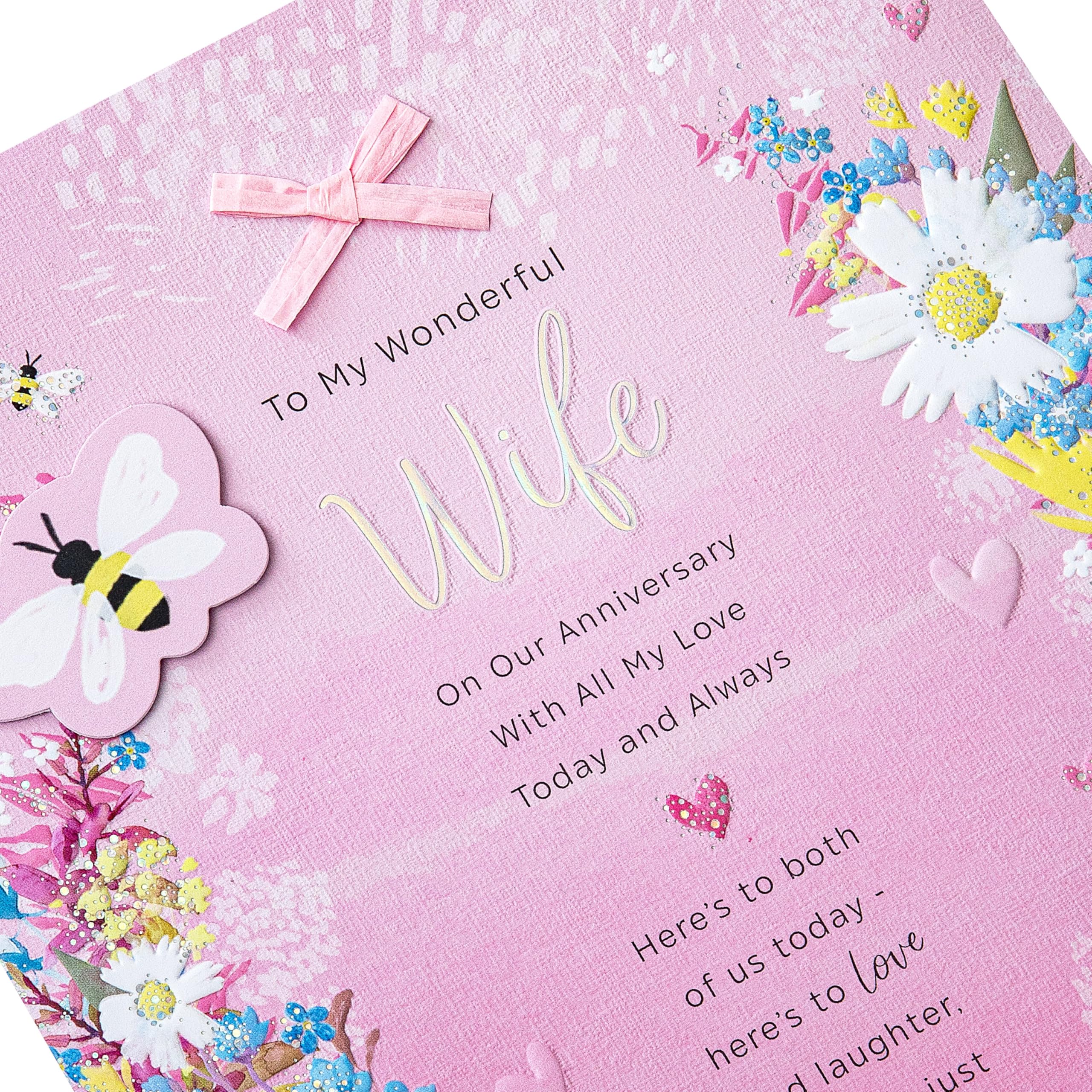 Hallmark Anniversary Card for Wife - Pink Florals Design with Raffia Bow & Foil Accents 8