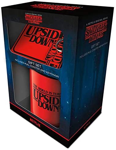 Juego de regalo Stranger Things con llavero de cerámica y posavasos en caja de presentación