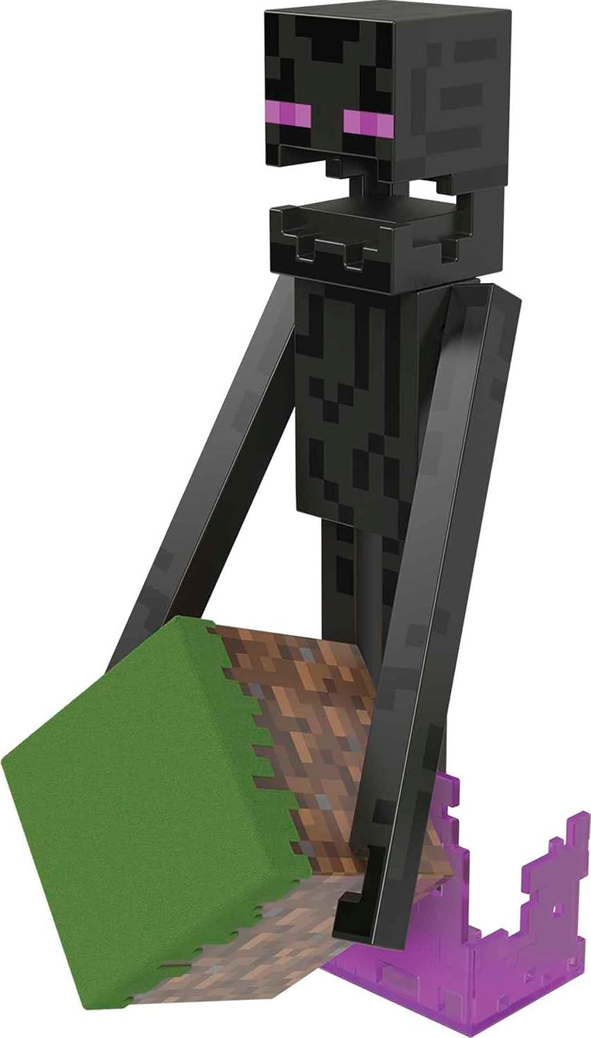 Minecraft Diamond Enderman Action Figure with Accessories Including Flocked Grass Block