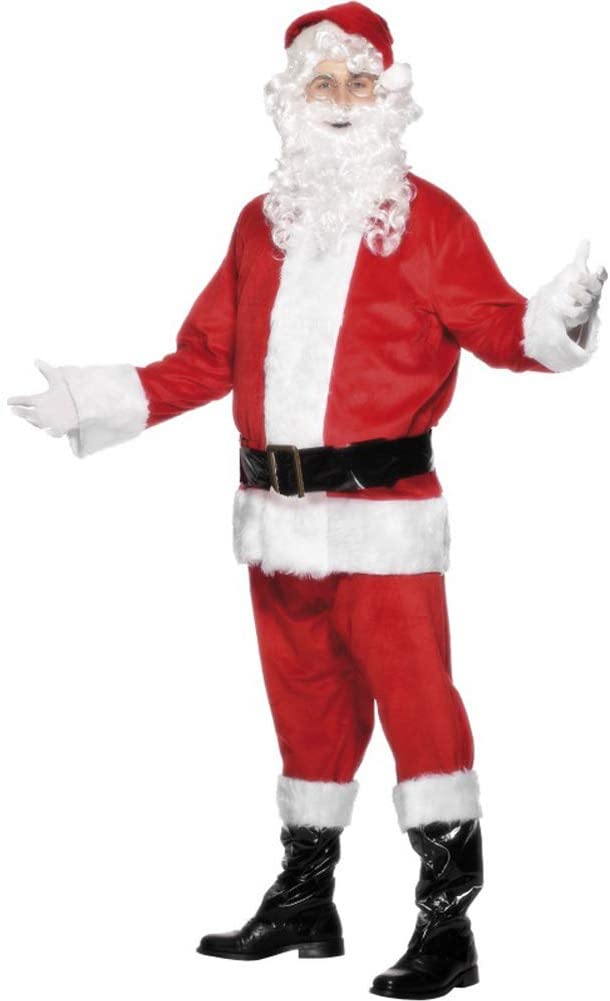 Smiffy's Men's Deluxe Santa Costume, Beard, Jacket, Trousers, Belt, Hat, Gloves & Boot Covers, Santa, Size: M, Colour: Red and White, 24502