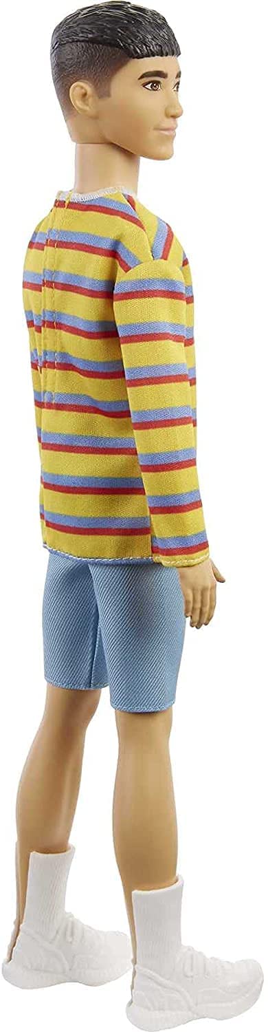 Barbie GRB91 Ken Fashionistas Doll #175 with Sculpted Brunette Hair Wearing a Long-sleeve Colorful Striped Shirt, Multicolor, 31.75 cm*5.08 cm*11.43 cm