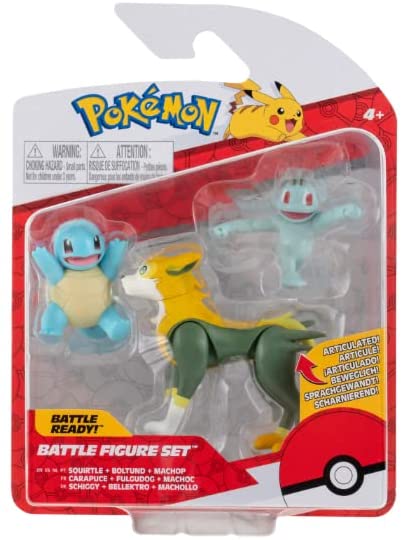 Pokemon PKW0180 3er-Pack – enthält 2 Squirtle, Machop und 7,6 cm große Boltund-Kampffigur