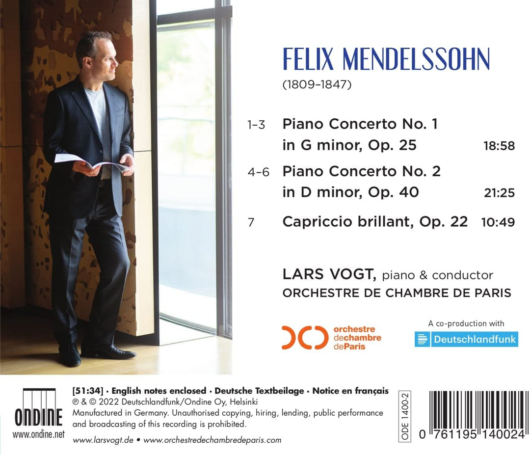 Mendelssohn: Piano Concertos [Lars Vogt; Orchestre de chambre de Paris] [Ondine: ODE 1400-2] [Audio CD]