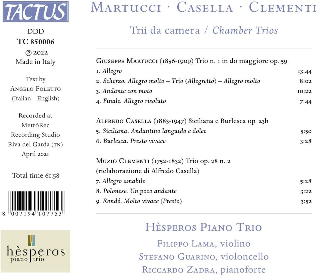 Chamber Trios [Hèsperos Piano Trio] [Tactus: TC 850006] [Audio CD]