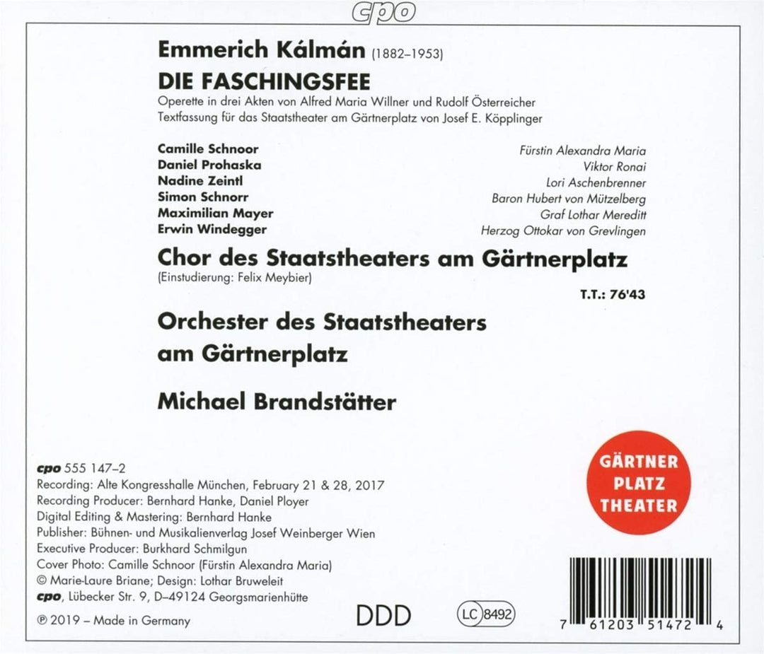 Kalman: Die Faschingsfee [Camille Schnorr; Daniel Prohaska; Nadine Zeintl; Simon Schnoor; Maximilian Mayer] [Cpo: 555147-2] [Audio CD]