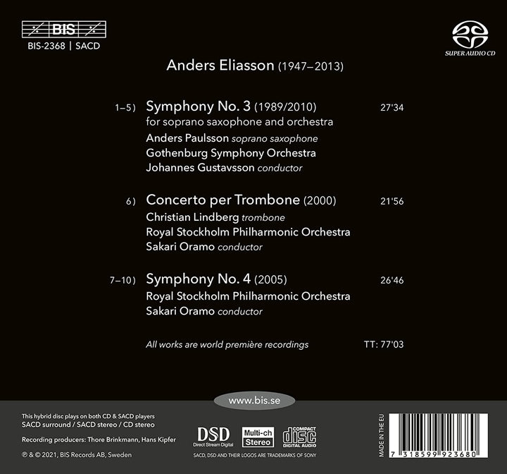 Eliasson: Symphonies Nos 3 & 4; Trombone Concerto [Anders Paulsson; Christian Li [Audio CD]