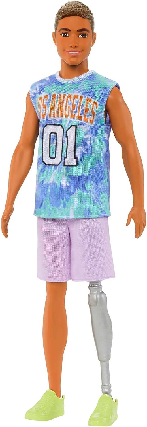 Barbie Ken Fashionistas Doll #212 with Prosthetic Leg, Wearing Los Angeles Jersey and Purple Shorts with Sneakers