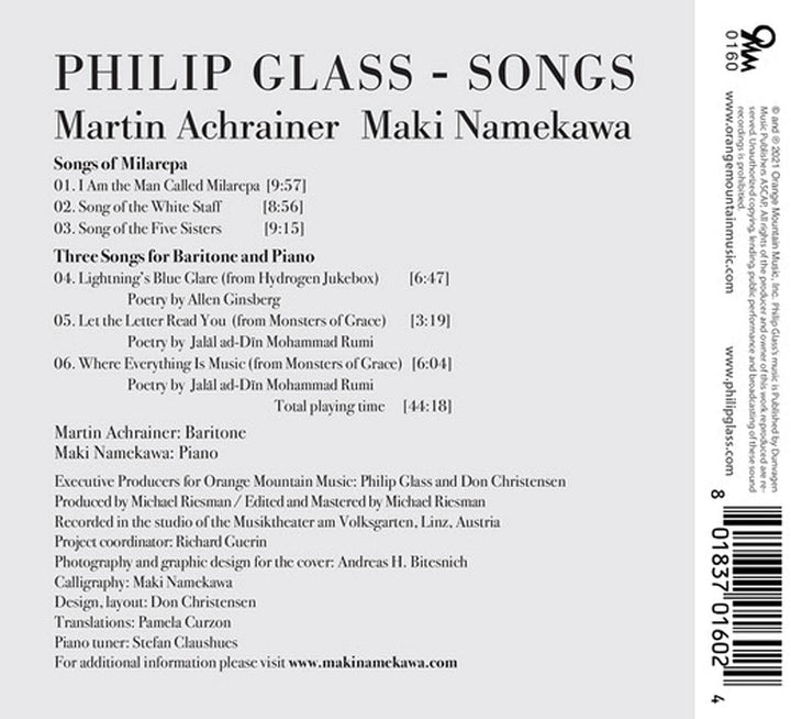 Glass: Songs [Martin Achrainer; Maki Namekawa] [Orange Mountain: OMM0160] [Audio CD]