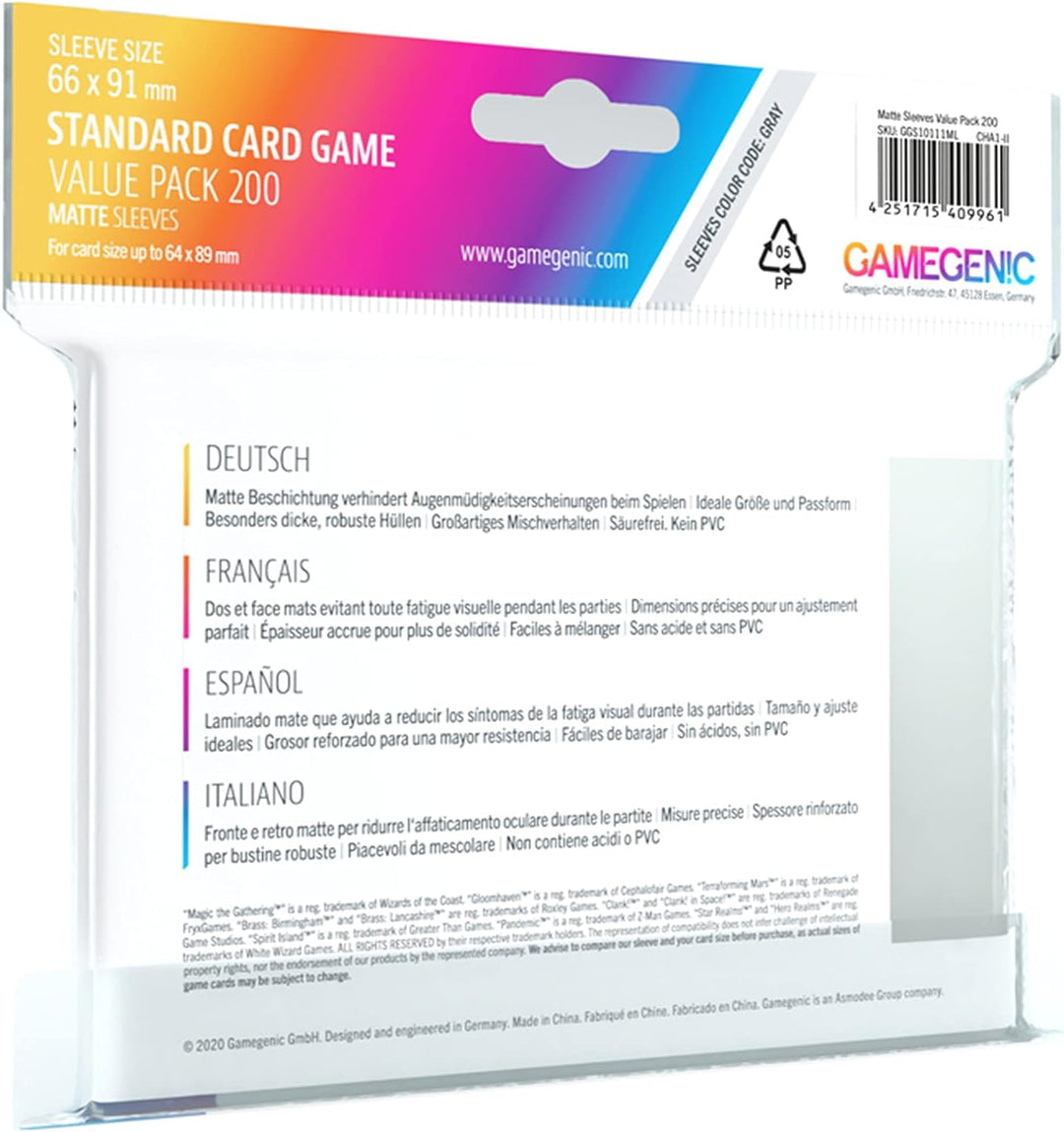 Gamegenic | Standard Card Game Value Pack Matte Sleeves- Clear (200ct.)