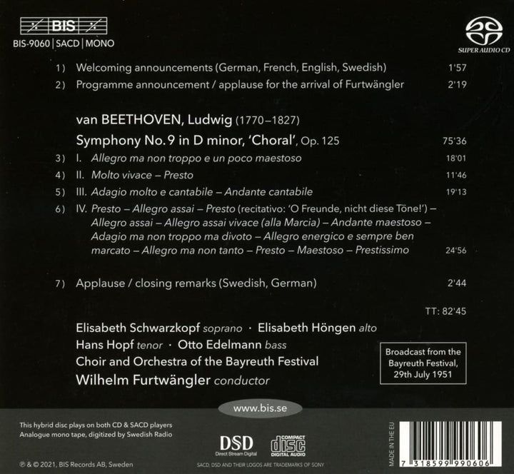 Chor Der Bayreuther Festspiele - Beethoven: Symphonie Nr. 9 [Elisabeth Schwarzkopf; Elisabeth Höngen; Hans Hopf; Otto Edelmann; Orchester der Bayreuther Festspiele; Wilhelm Furtwängler] [Bis: BIS9060] [Audio CD]