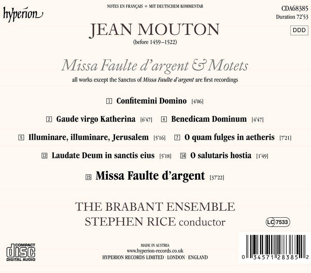 Mouton: Missa Faulte d-argent & Motets [The Brabant Ensemble; Stephen Rice] [Audio CD]