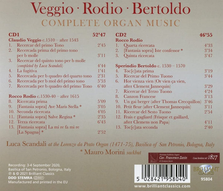 Veggio, Rodio, Bertoldo: Complete Organ Music [Audio CD]