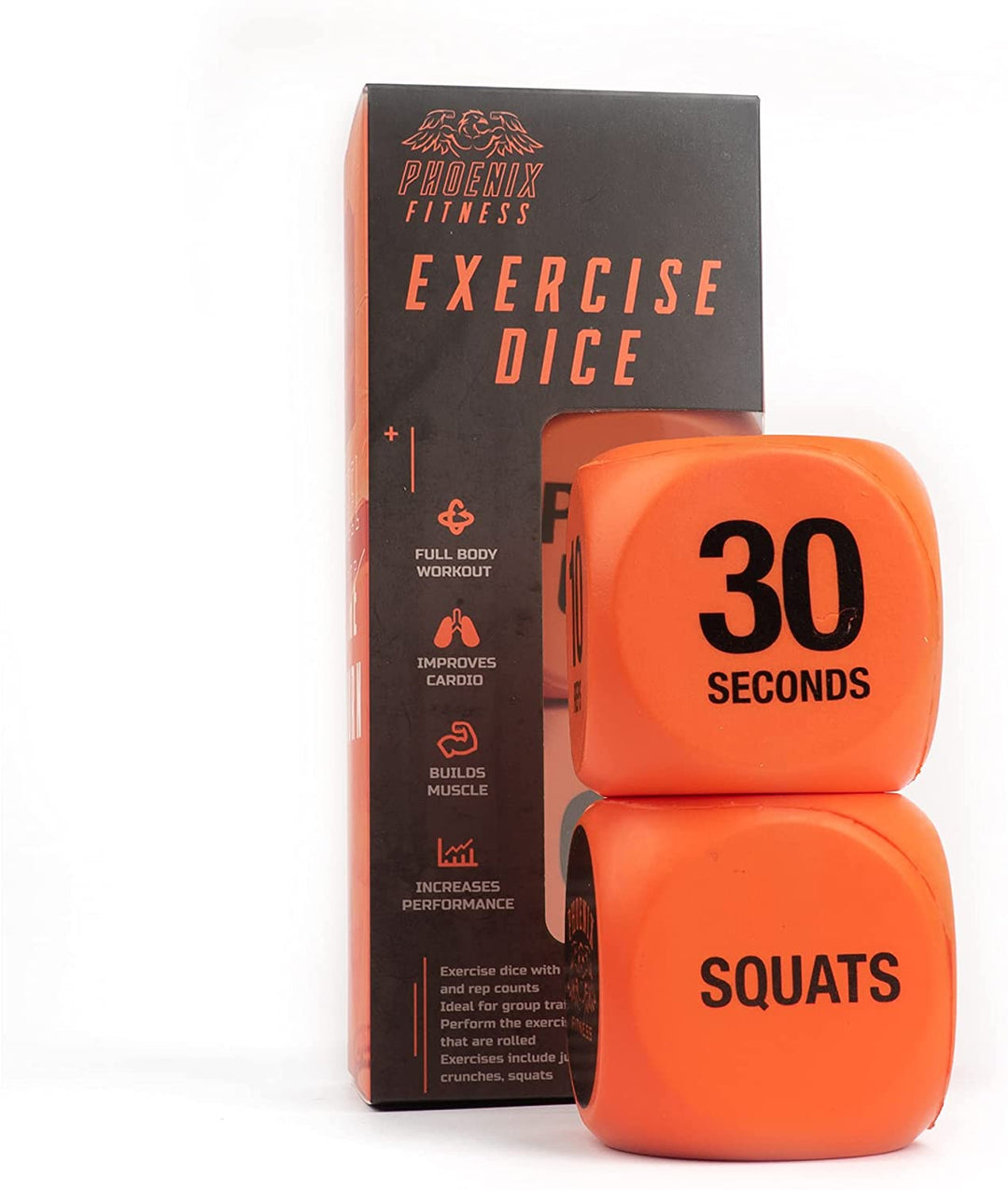 Phoenix Fitness RY1051 Dés d&#39;exercice pour le plaisir de l&#39;entraînement - Dés de décision de remise en forme - Changez de routine d&#39;entraînement, de HIIT et d&#39;exercices - Maison et salle de sport - Orange