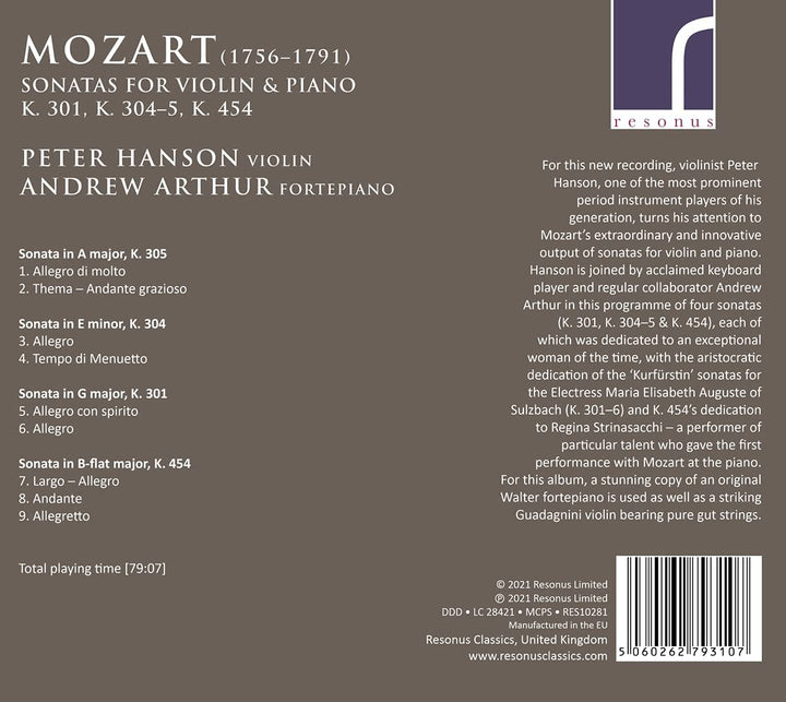 Mozart: Sonatas [Peter Hanson; Andrew Arthur] [Resonus Classics: RES10281] [Audio CD]