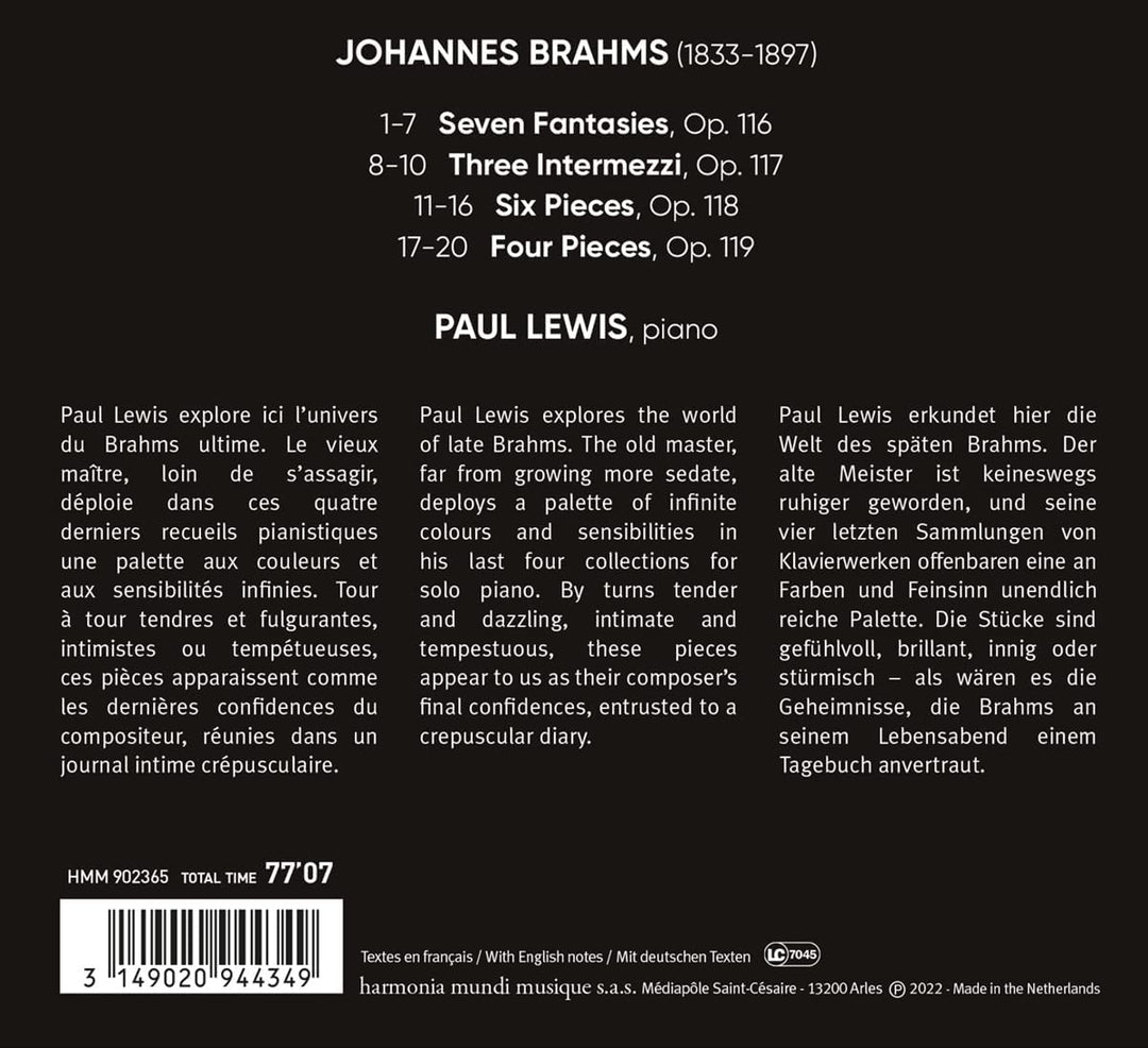 Paul Lewis - Brahms: Late Piano Works, Opp. 116-119 [Audio CD]