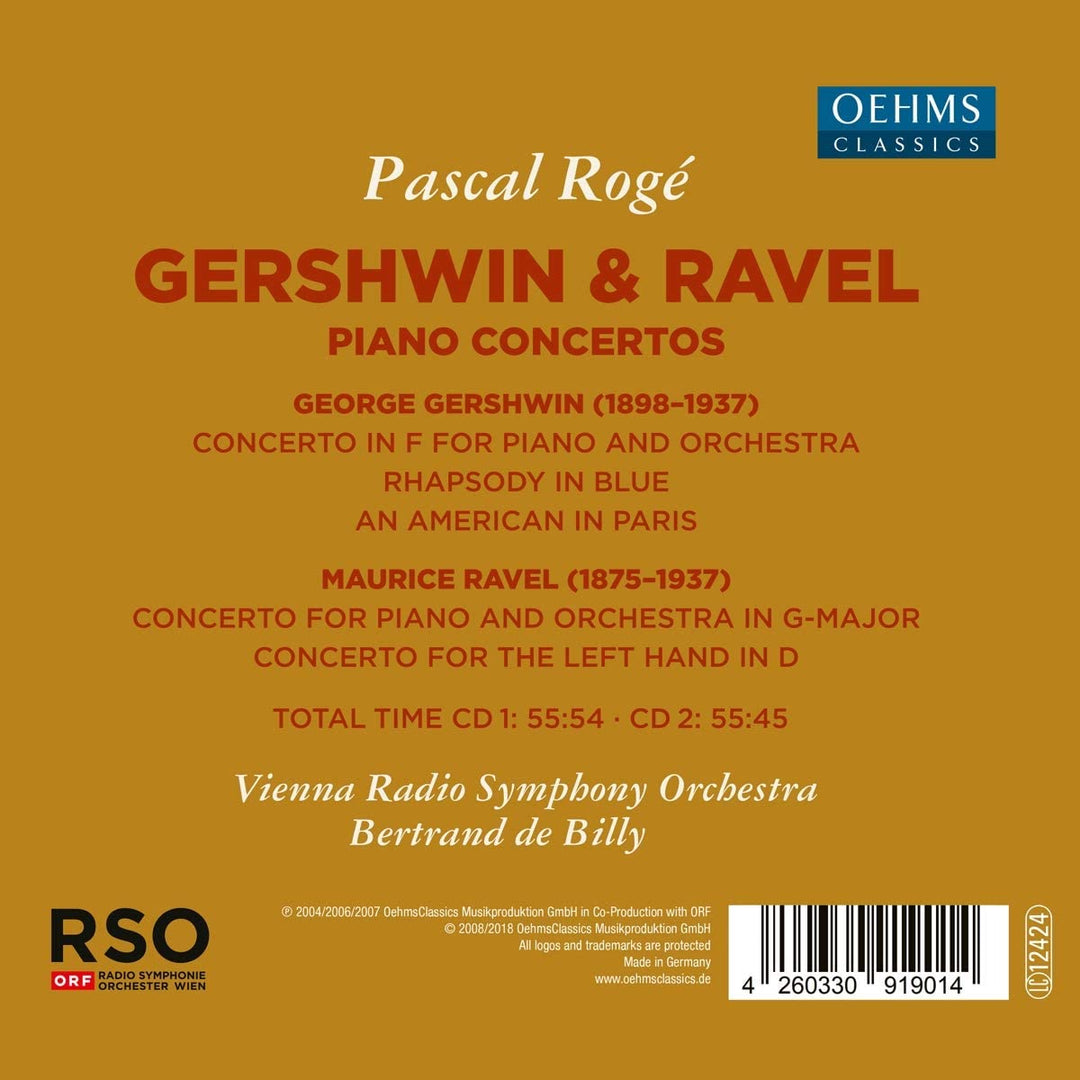 Pascal Rogé: George Gershwin & Maurice Ravel Piano Concertos [Pascal Rogé; Vienna Radio Symphony Orchestra; Bertrand de Billy] [Oehms Classics: OC1901] [Audio CD]