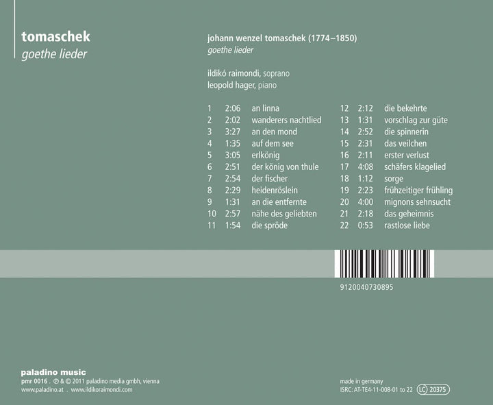 Tomaschek: Goethe Lieder [Audio CD]