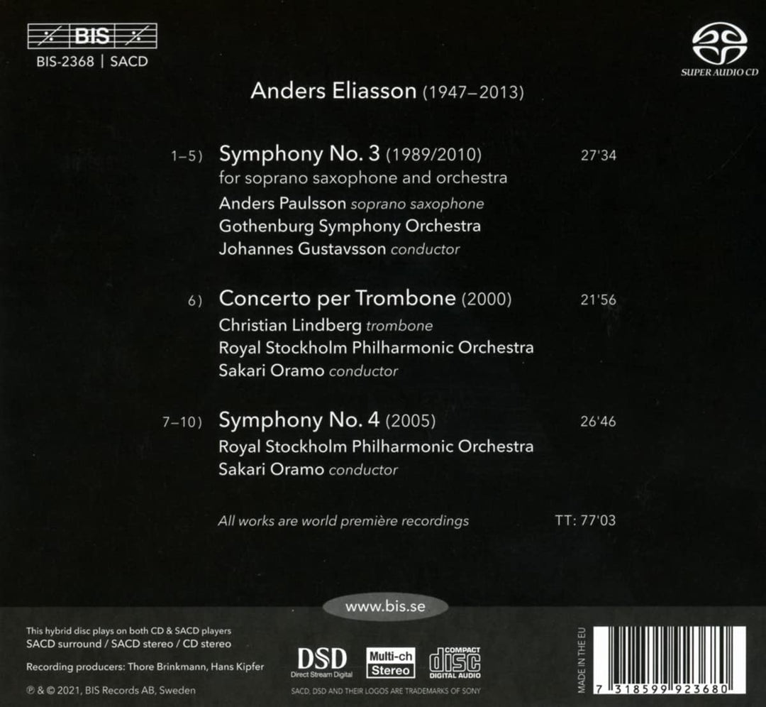 Eliasson: Symphonies Nos 3 & 4; Trombone Concerto [Anders Paulsson; Christian Li [Audio CD]