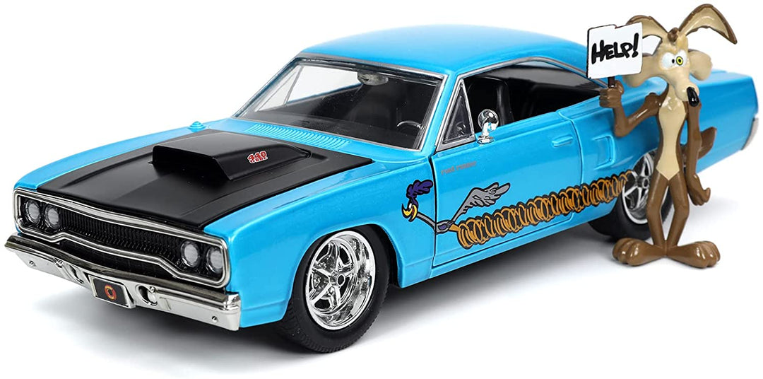 Jada 253255028 Looney Toons Road Runner Plymouth in Scala 1:24 Die-Cast con Personaggio di Willy il Coyote, 8 anni Tunes Models, Multi-Coloured