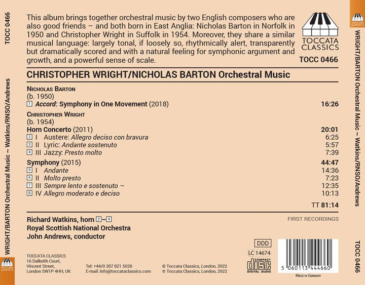 Wright; Barton: Orchestral Music [Richard Watkins; Royal Scottish National Orchestra; John Andrews] [Toccata Classics: TOCC 0466] [Audio CD]