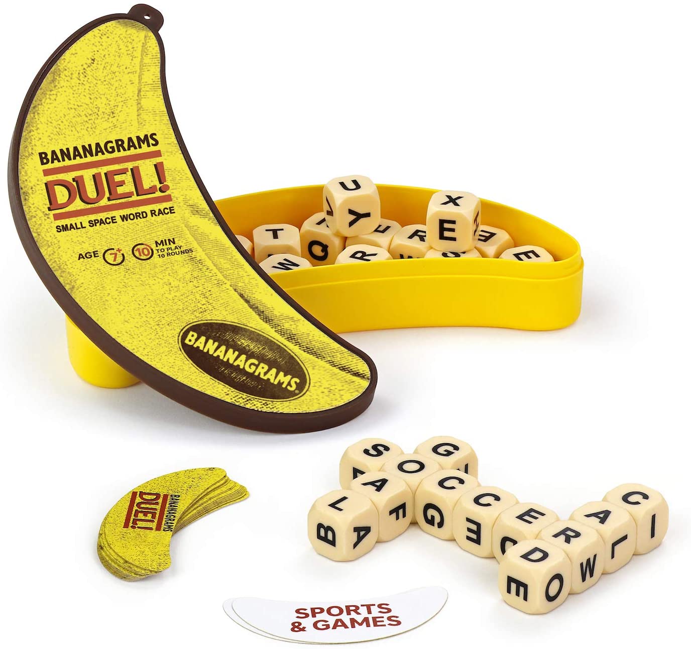 BANANAGRAMS Duell-Wortspiel für zwei Spieler mit 24 Buchstabenwürfeln und Herausforderungskarten zum Thema Bananen