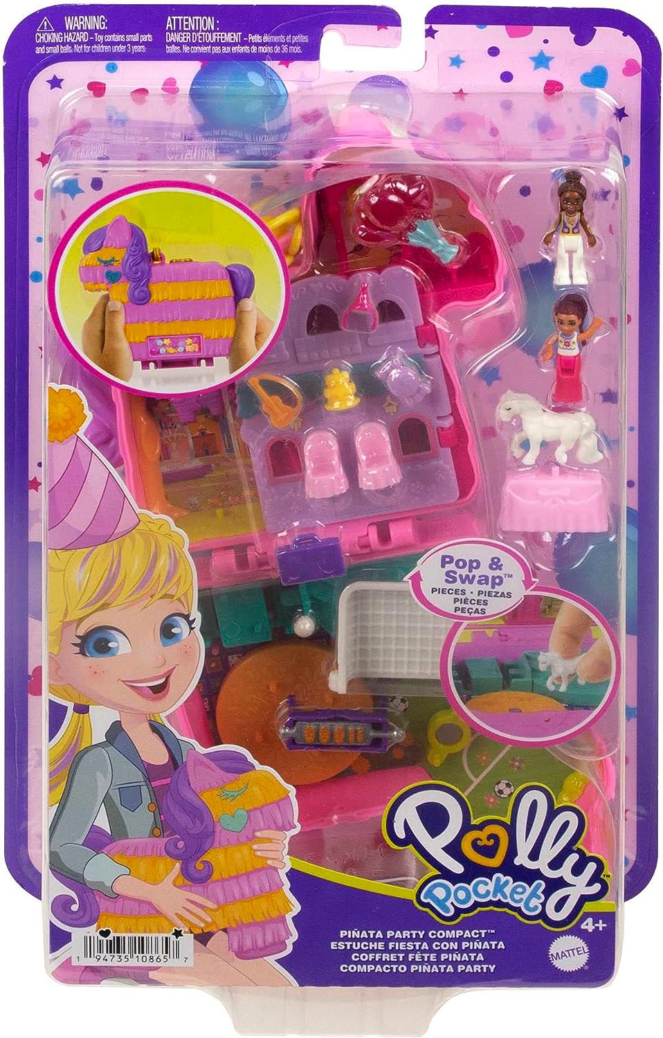 Polly Pocket Mini Toys, Piñata Party Compact Playset with 2 Micro Dolls and 14 Accessories