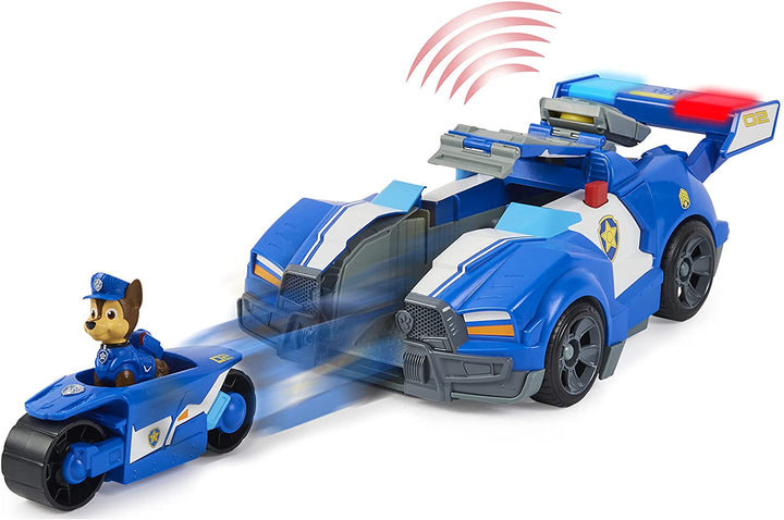 PAW Patrol Chase’s 2-in-1 Transforming Movie City Cruiser Toy Car with Motorcycle, Lights and Sounds and Collectible Action Figure, Kids Toys for Ages 3 and up