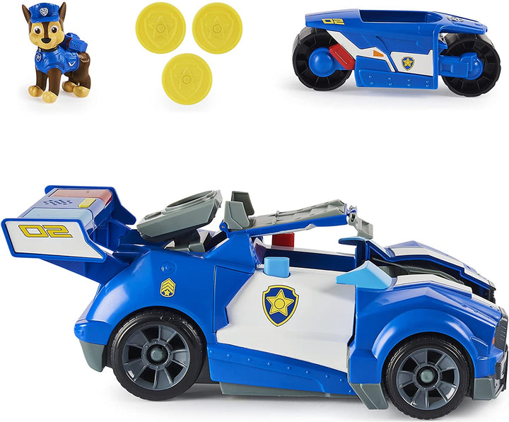 PAW Patrol Chase’s 2-in-1 Transforming Movie City Cruiser Toy Car with Motorcycle, Lights and Sounds and Collectible Action Figure, Kids Toys for Ages 3 and up