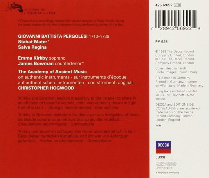 Pergolesi: Stabat Mater, Salve Regina [Audio CD]