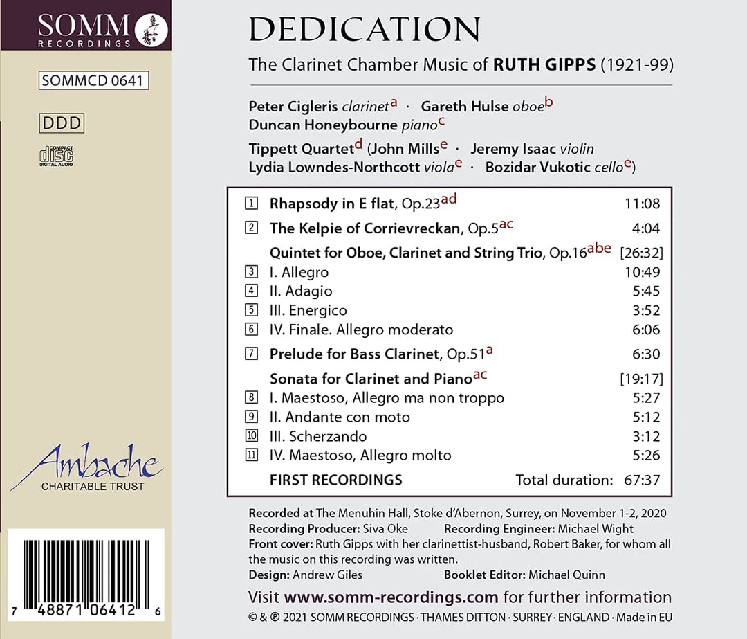 Peter Cigleris - Dedication: Ruth Gipps [Peter Cigleris; Gareth Hulse; Duncan Honeybourne; Tippett Quartet] [Somm Recordings: SOMM 0641] [Audio CD]