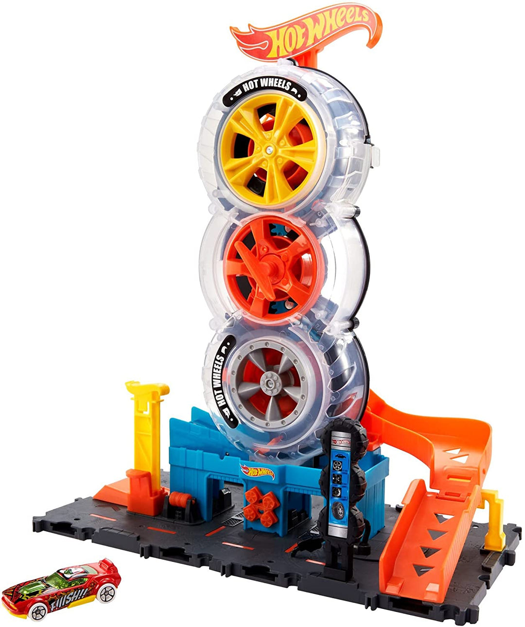 Hot Wheels City Super Twist Tire Shop-Spielset: Drehen Sie den Schlüssel, um Autos zum Reisen zu bringen