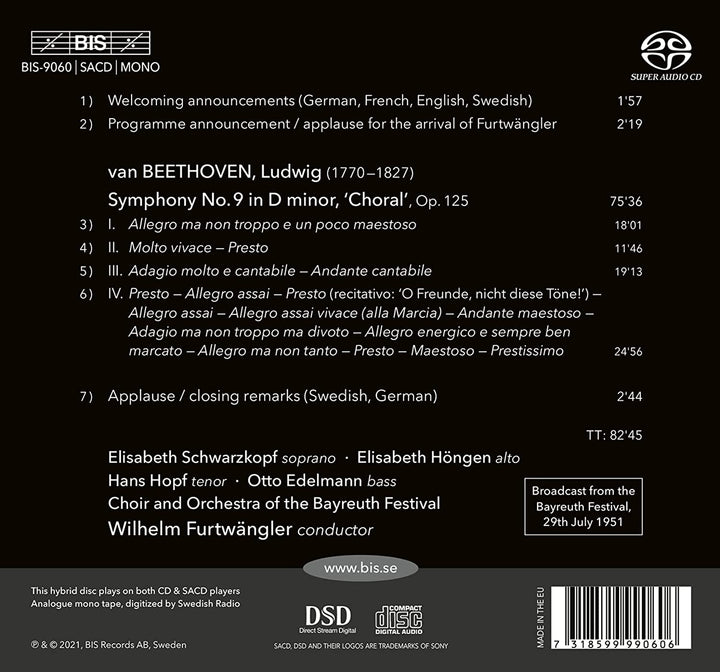 Chor Der Bayreuther Festspiele  - Beethoven: Symphony No. 9 [Elisabeth Schwarzkopf; Elisabeth Höngen; Hans Hopf; Otto Edelmann; Orchestra of the Bayreuth Festival; Wilhelm Furtwängler] [Bis: BIS9060] [Audio CD]