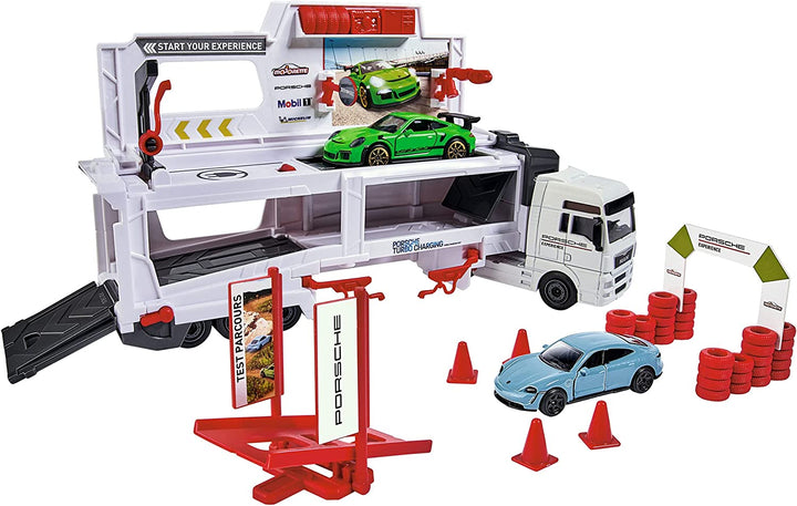Majorette 212053304 Truck Experience SPIELSET mit 2 Porsche DIE-CAST Autos, Multi