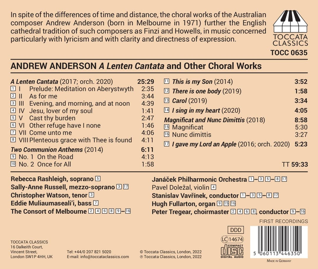 Rebecca Rashleigh - Anderson: A Lenten Cantata and other Choral Works [Various] [Toccata Classics: T [Audio CD]