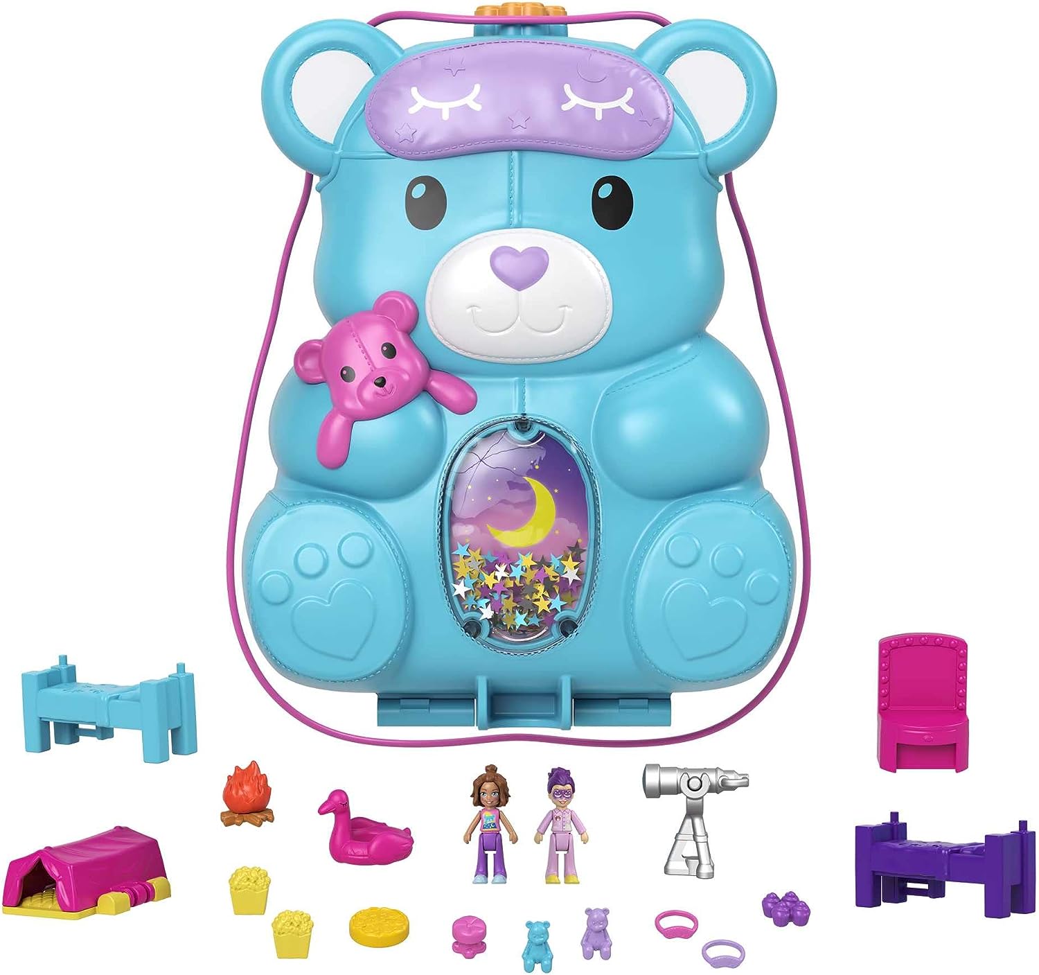 Polly Pocket Teddybär-Handtasche kompakt – Spielset mit 2 Mikropuppen und 16 Zubehörteilen für Kinder ab 4 Jahren