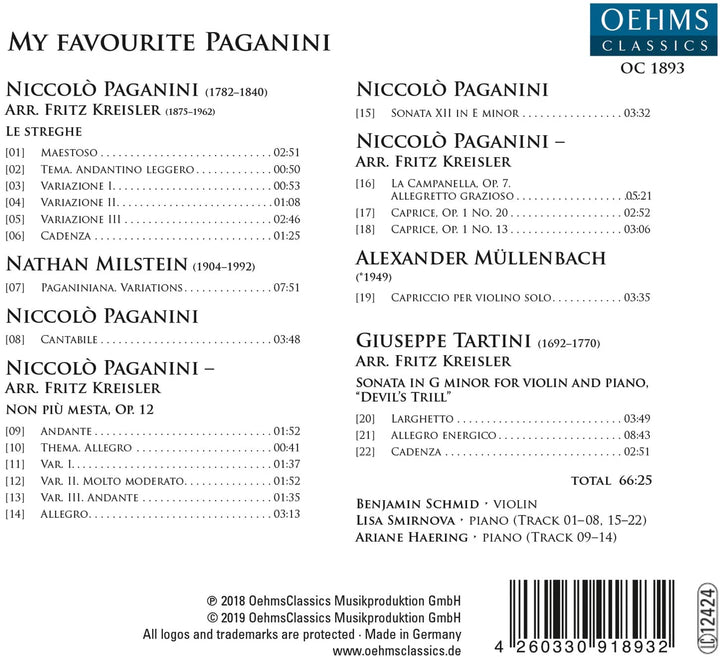 My Favourite Paganini [Benjamin Schmid; Lisa Smirnova; Ariane Haering] [Oehms Classics: OC1893] [Audio CD]