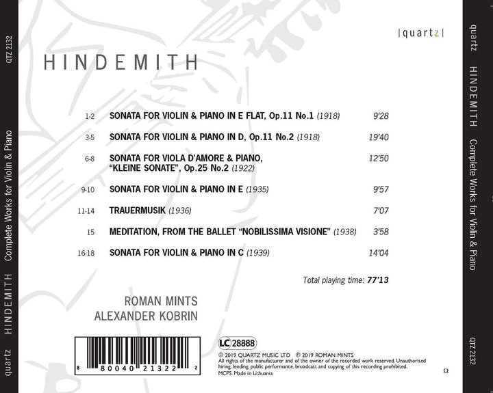 Roman Mints - Hindemith: Works Violin & Piano [Roman Mints; Alexander Kobrin] [Quartz: QTZ2132] [Audio CD]