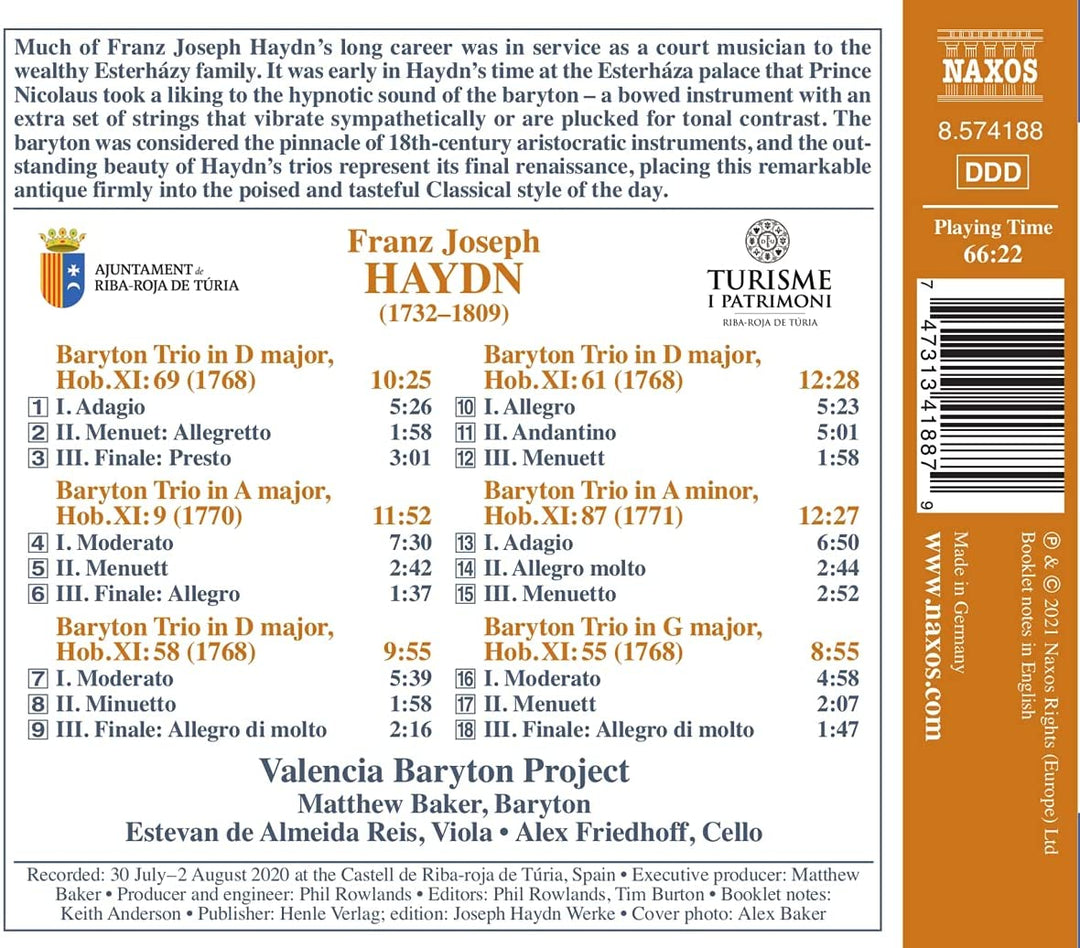 Haydn: Baryton Trios [Valencia Baryton Project; Valencia Baryton Project: Matthew Baker; Estevan de Almeida Reis; Alex Friedhoff] [Naxos: 8574188] [Audio CD]