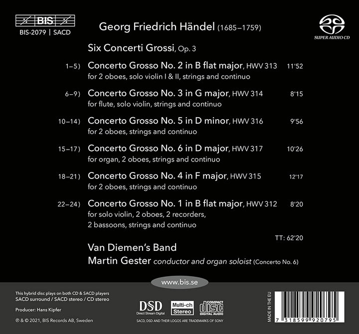 Van Diemen&#39 - Handel: 6 Concerti Grossi [Van Diemen's Band; Martin Gester] [Bis: BIS2079] [Audio CD]