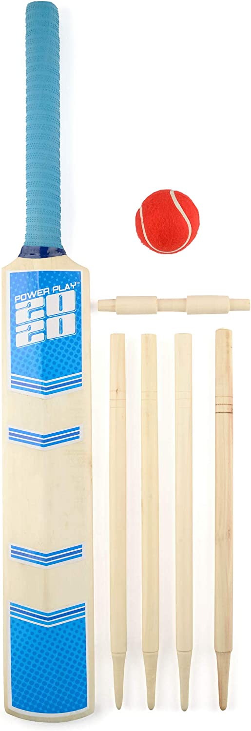 PowerPlay BG888 Deluxe Cricket Set with Cricket Bat, Ball, 4 Stumps, Bails and Bag, Size 3 Bat, blue