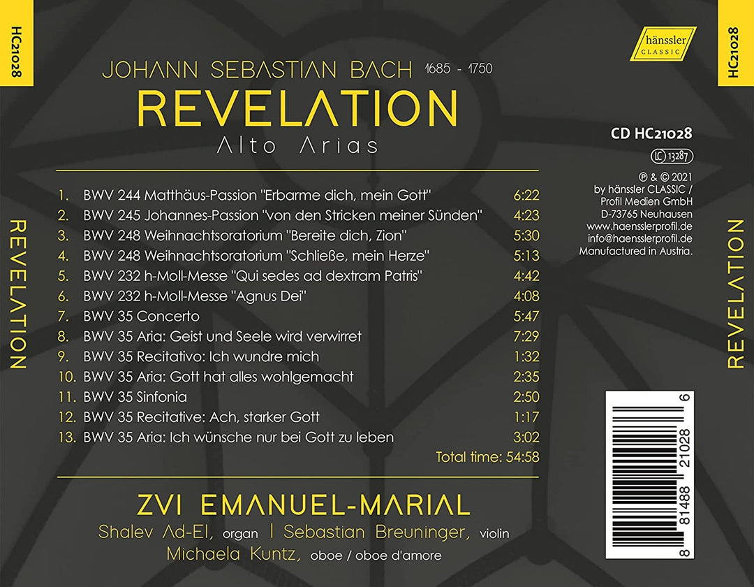 J.S. Bach: Revelation [Zvi Emanuel-Marial; Shalev Ad-El; Sebastian Breuninger; Michaela Kuntz] [Hanssler Classics: HC21028] [Audio CD]