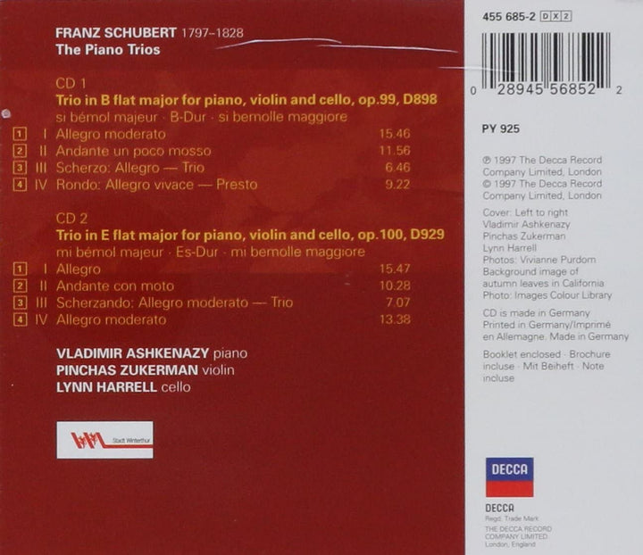 Pinchas Zukerman Lynn Harrell Vladimir Ashkenazy - Schubert: Piano Trios Nos. 1 & 2 [Audio CD]